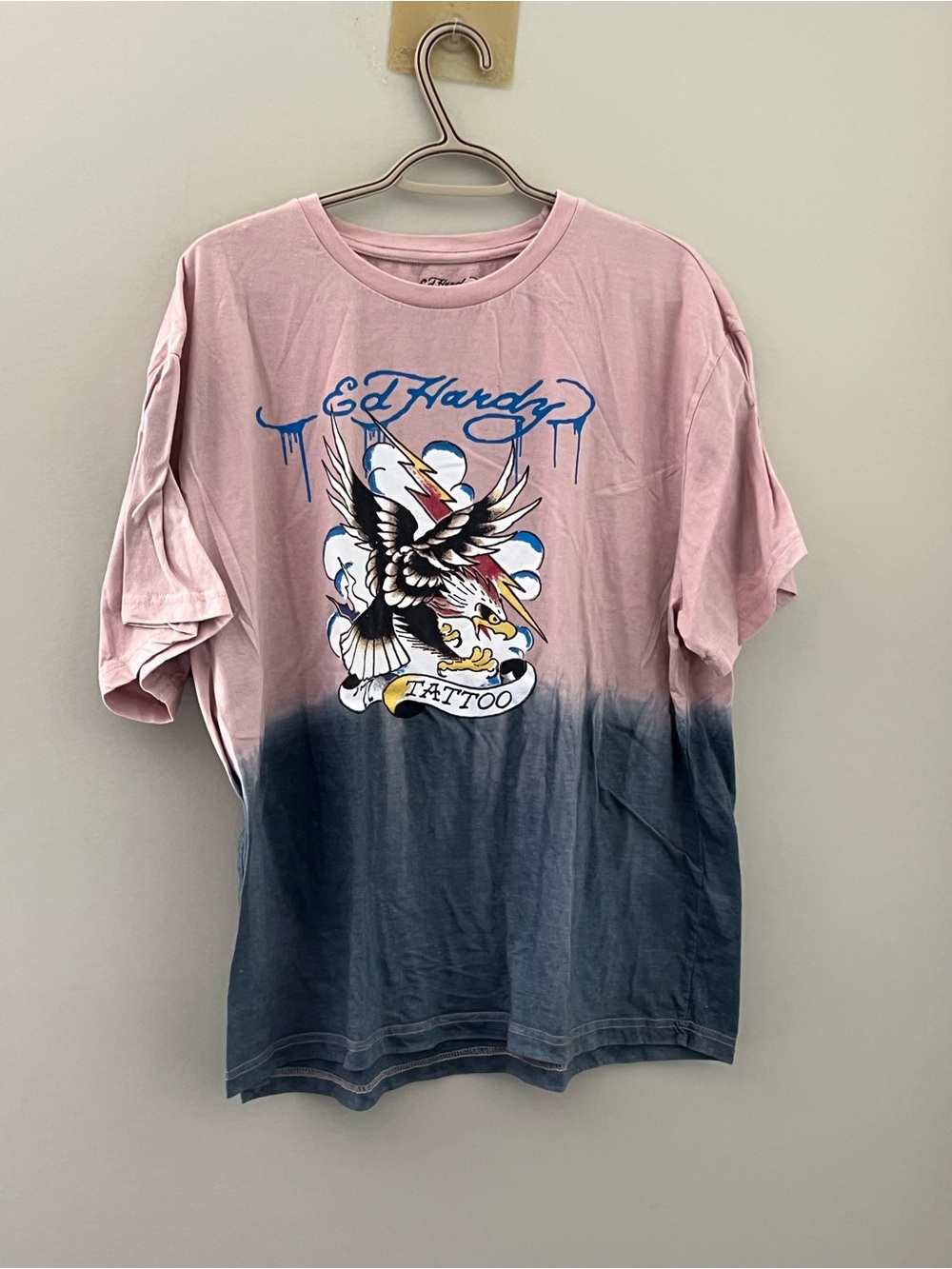 Ed Hardy Eagle Tattoo Graphic Dip Dye T-Shirt Pink Gray Men’s XL